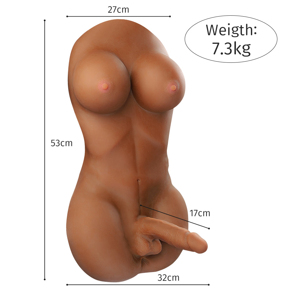 Realistinen, anatomisesti tarkka torso, jossa yhdistyvät naiselliset rinnat ja taipuisa, 360 astetta pyörivä penis. Sopii monipuolisiin seksuaalisiin elämyksiin ja roolileikkeihin.