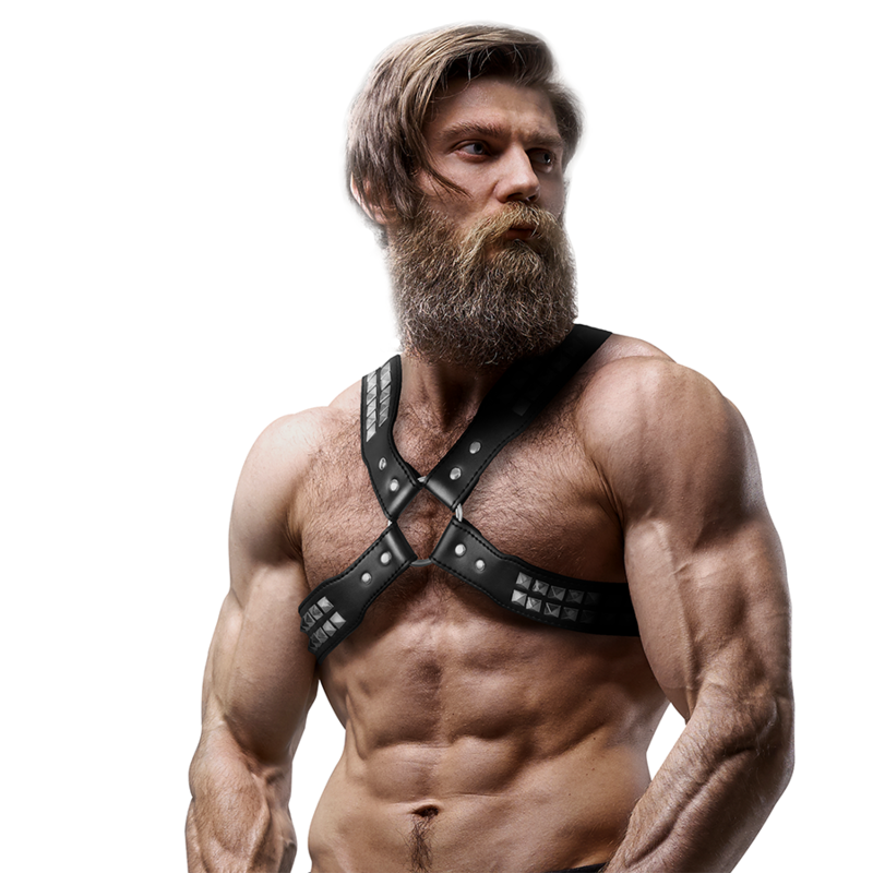 FETISSINEN ALISTAVA ASENNE - MIESTEN RISTITTÄVÄ RINTAVALJAS EKONAHKASTA NIITEILLÄ