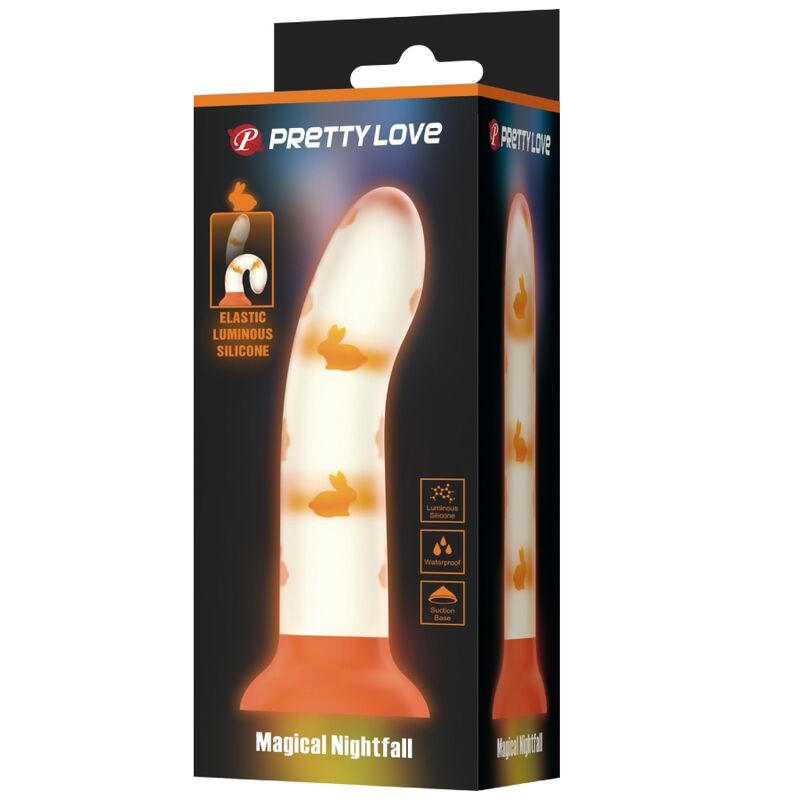 PRETTY LOVE - MAAGINEN YÖNSYÖN DILDO ILMAN VÄRIÄ, VALAISTAVA ORANSSIN VÄRI