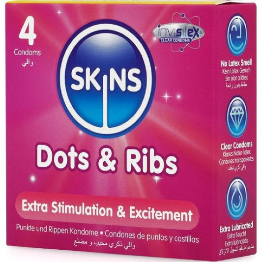 SKINS - DOTS & RIBS PREMIUM-KONDOMIPAKKAUS 4 KPL