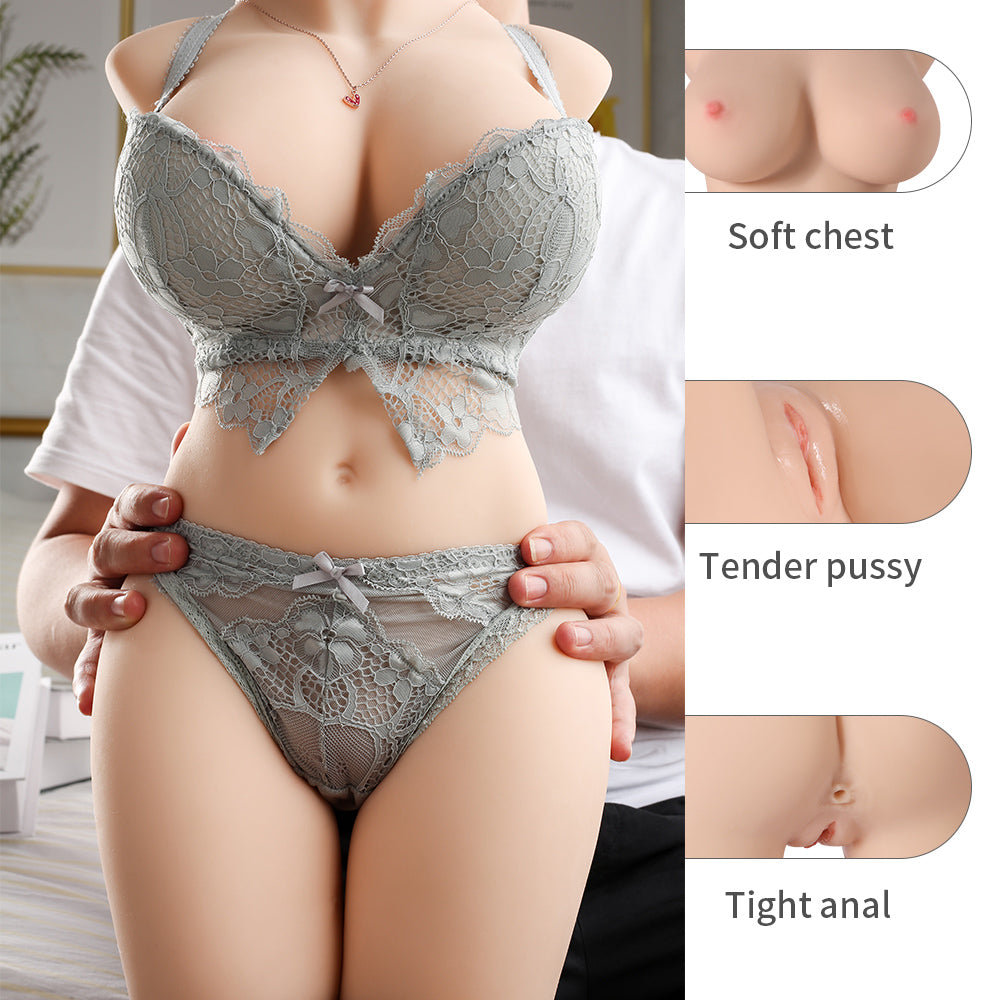 Premium realistic female torso masturbator with detailed breasts and vaginal and anal openings, made of medical-grade TPE.
