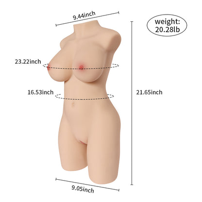 Premium realistic female torso masturbator with detailed breasts and vaginal and anal openings, made of medical-grade TPE.