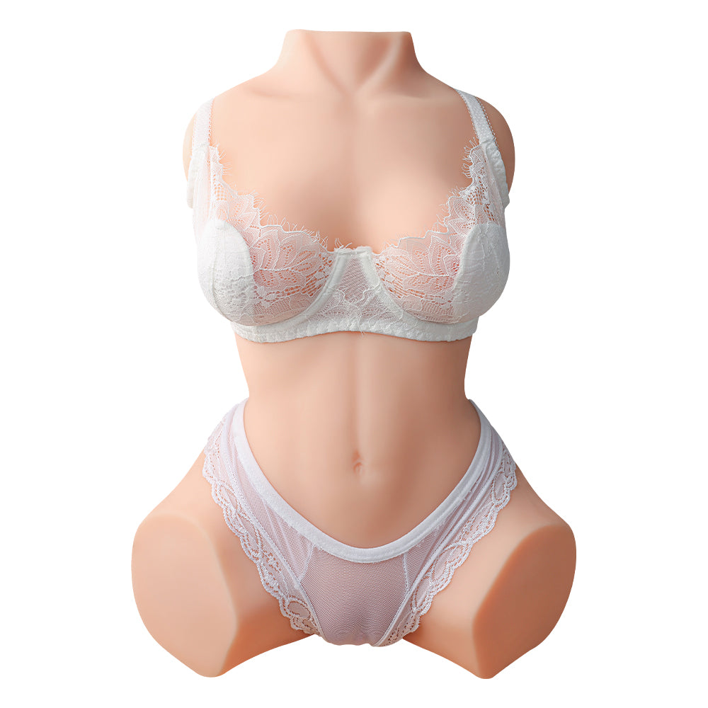 Premium realistic female torso masturbator with detailed breasts and vaginal and anal openings, made of medical-grade TPE