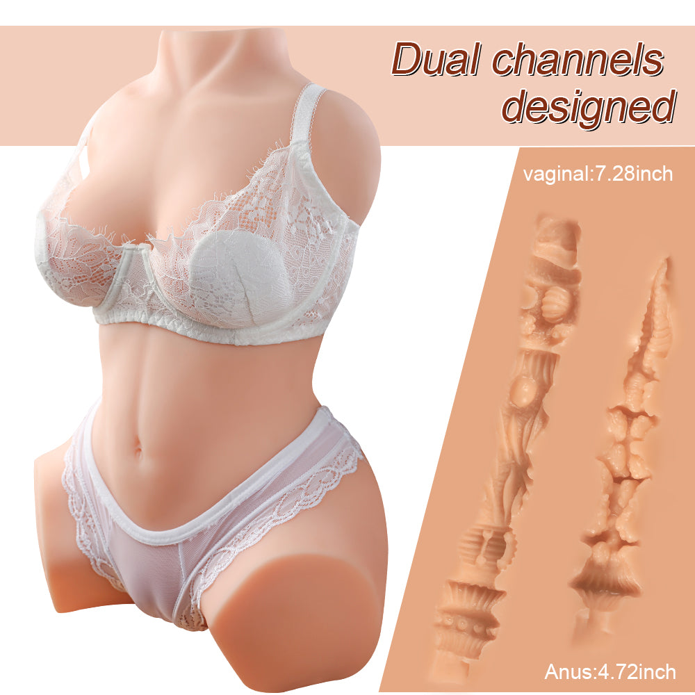 Premium realistic female torso masturbator with detailed breasts and vaginal and anal openings, made of medical-grade TPE