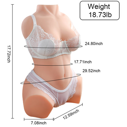 Premium realistic female torso masturbator with detailed breasts and vaginal and anal openings, made of medical-grade TPE