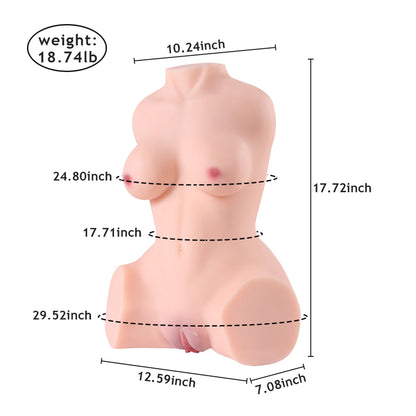 Premium realistic female torso masturbator with detailed breasts and vaginal and anal openings, made of medical-grade TPE