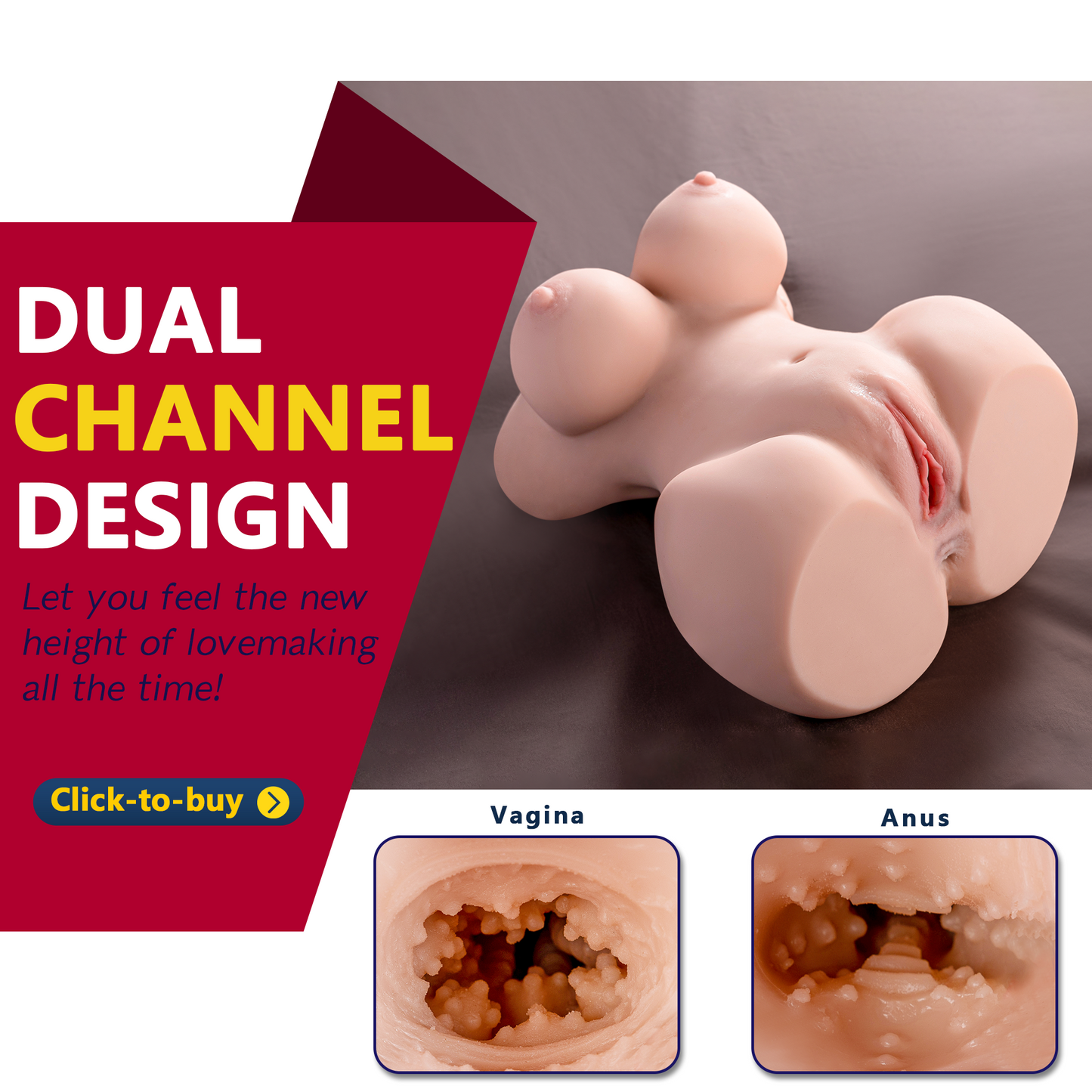 Premium realistic adult torso masturbator made of medical-grade TPE/silicone, featuring anatomically accurate breasts, textured intimate zones, and ergonomic contours.