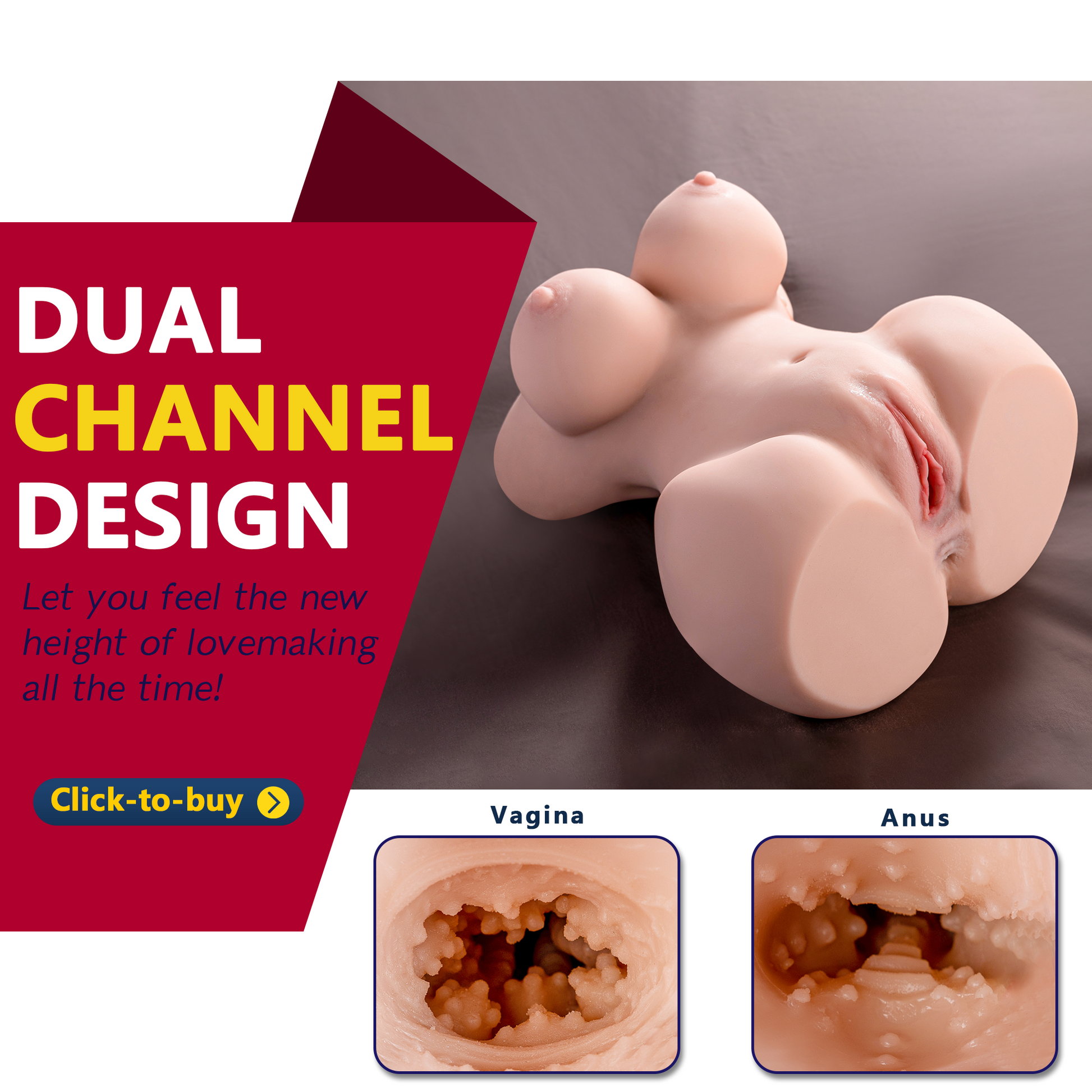 Premium realistic adult torso masturbator made of medical-grade TPE/silicone, featuring anatomically accurate breasts, textured intimate zones, and ergonomic contours.