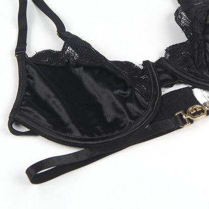 SUBBLIME - SET OF 3 PIECES BRA + THONG + LACE GARTER BLACK L/XL