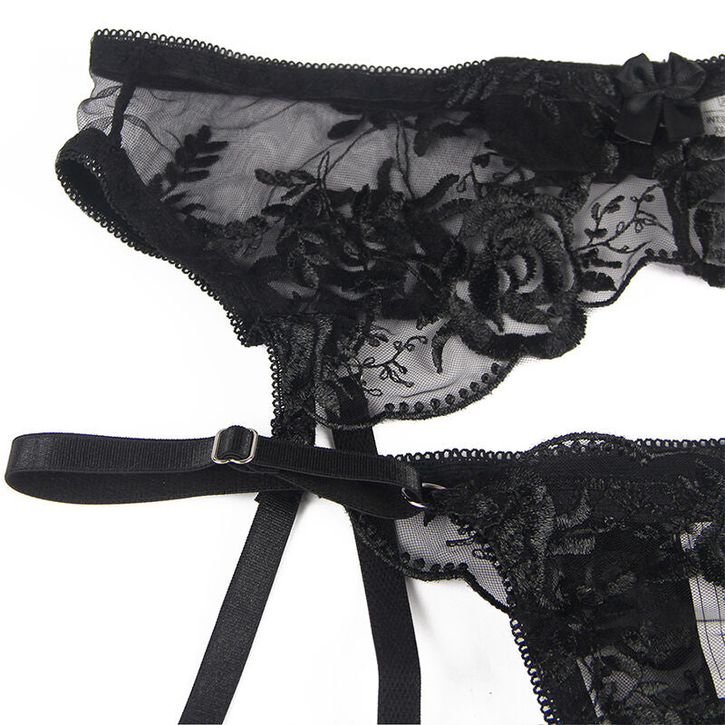 SUBBLIME - SET OF 3 PIECES BRA + THONG + GARTER FLORAL PRINT BLACK L/XL