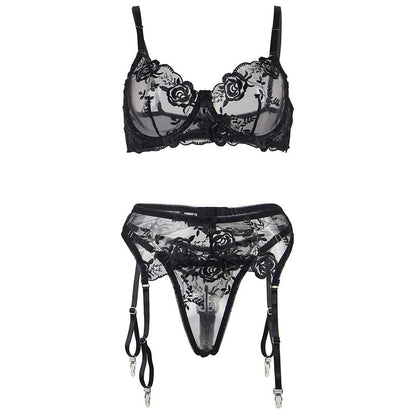 SUBBLIME - SET OF 3 PIECES BRA + THONG + GARTER FLORAL PRINT BLACK L/XL