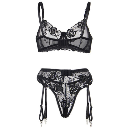 SUBBLIME - SET OF 3 PIECES BRA + THONG + GARTER FLORAL PRINT BLACK L/XL