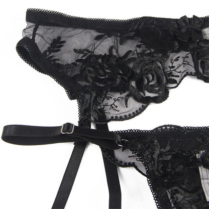 SUBBLIME - SET OF 3 PIECES BRA + THONG + GARTER FLORAL PRINT BLACK L/XL
