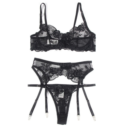 SUBBLIME - SET OF 3 PIECES BRA + THONG + GARTER FLORAL PRINT BLACK L/XL