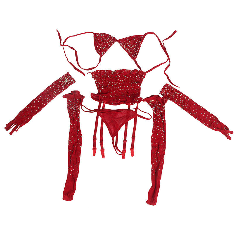 SUBBLIME - 952181 NÄTBODY MED HANDSKAR OCH DIAMANTER RÖD EN STORLEK