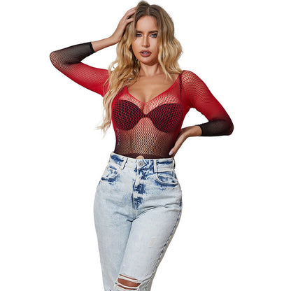 SUBBLIME - 952259 PUNAINEN JA MUSTA LIIKUVITETTU PITKÄHIHAINEN JOUSTAVA VERKKOKUOSINEN MEKKO, YKSI KOKO