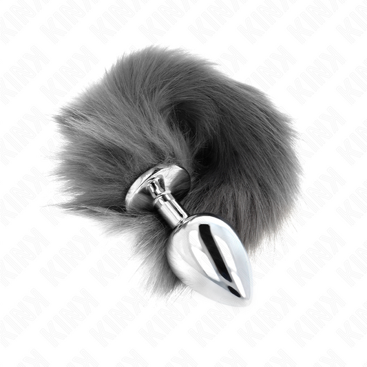 KINK - ANAALITULPPA, KOKO L 10 X 4 CM, SYNTTEETTINEN HÄNTÄ 40 CM, HARMAA JA VALKOINEN