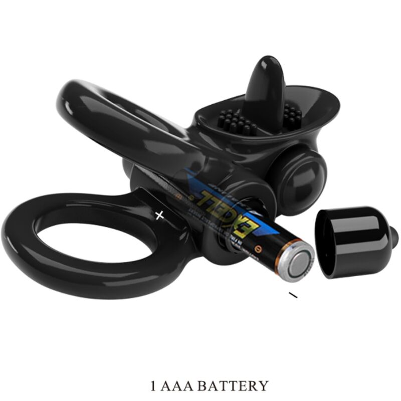 PRETTY LOVE - PASSIONATE-RENGAS KAKSOISVÄRÄISEVÄ RENGAS + KLITORISSTIMULAATTORI MUSTA