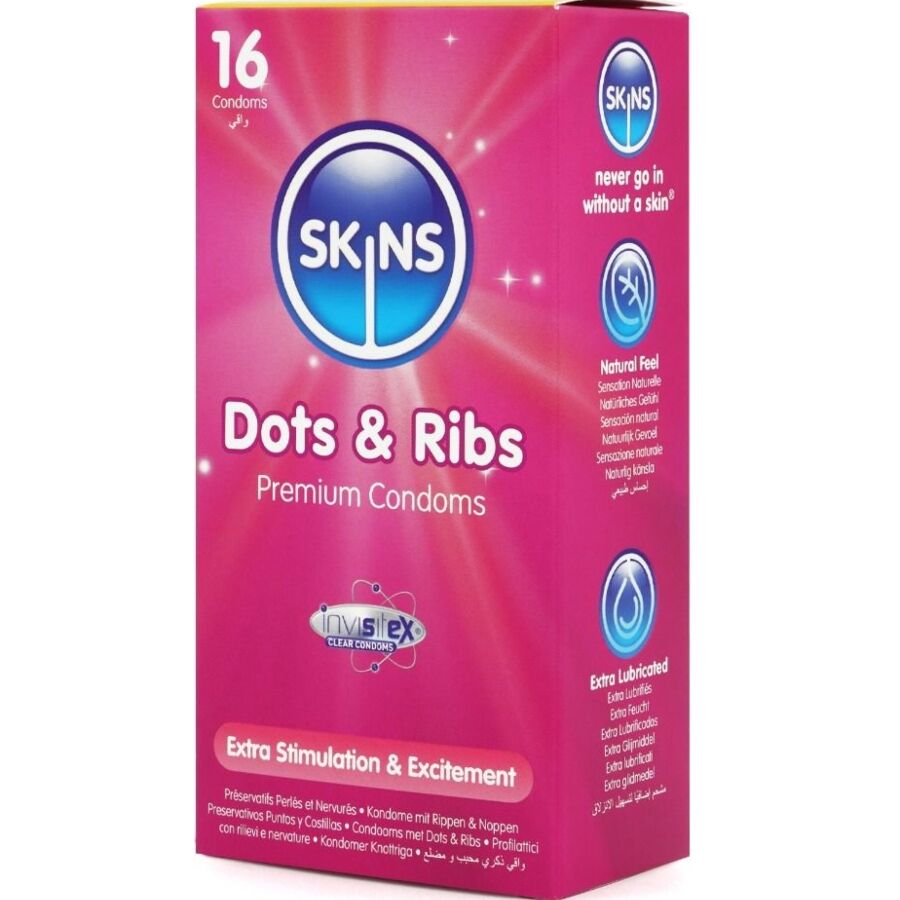 SKINS - DOTS &amp; RIBS PREMIUM-KONDOMIT 16 KPL PAKKAUS