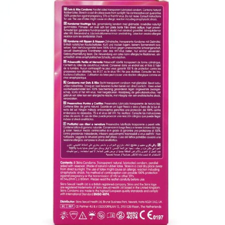 SKINS - DOTS &amp; RIBS PREMIUM-KONDOMIT, 8 KPL