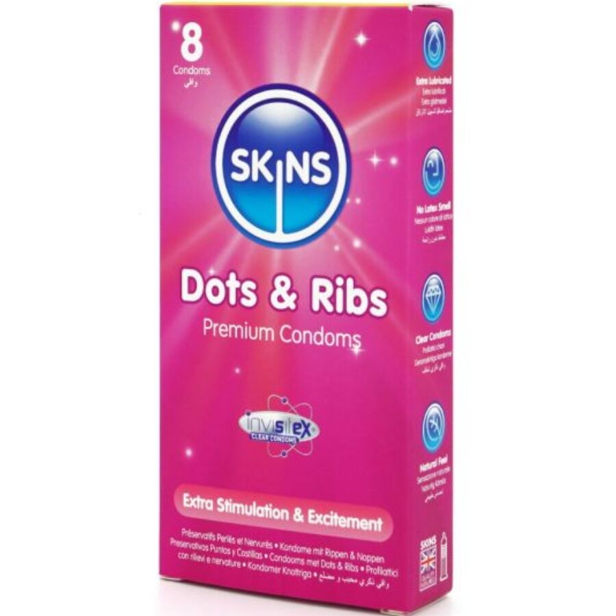 SKINS - DOTS &amp; RIBS PREMIUM-KONDOMIT, 8 KPL